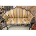 SETTEE, of compact proportions blue and gilt painted frame with striped upholstery,