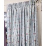 CURTAINS, a pair, sky blue with embroidered flowers, lined and interlined,