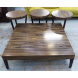 LOW TABLE, exotic wood, 110cm W x 110cm D x 34cm H, plus three circular side tables to match,