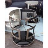 SIDE TABLE, a pair, the black glass tops on polished metal base, 56cm x 69cm H.