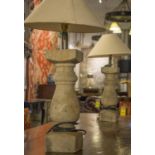 STONE BALUSTRADE TABLE LAMPS, a pair, each with a shade, 69cm H.