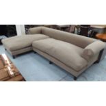 CORNER SOFA, in a beige fabric on turned supports, 285cm x 188cm.