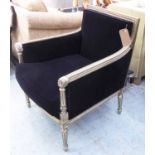 ARMCHAIR, French Empire style with beaded and carved silver gilt showframe, in black upholstery,