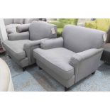 'FATBOY' ARMCHAIRS, a pair, Howard style, in grey upholstery, on turned legs with castors, 95cm W.