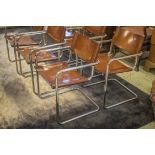 DINING ARMCHAIRS, a set of twelve, Bauhaus style leaf brown hide leather and chromium framed.