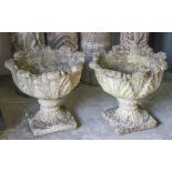 GARDEN URNS, a pair, reconstituted stone of leaf form on square bases, 44cm H x 48cm.