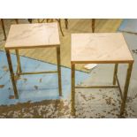 LAMP TABLES, a pair, 1970s, square veined white carrara marble, and gilt metal square supports,