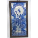 CHINESE BLUE AND WHITE CERAMIC PLAQUE, figurative study, framed, 88.5cm H x 44.5cm overall.