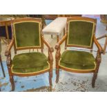FAUTEUILS, a pair, 19th century French Charles X, mahogany and green velvet upholstered.