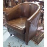 TUB ARMCHAIRS, a pair, tub form in stitched hand finished brown leather, 89cm W.