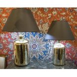 LAMPS, two graduated, silvered chemist jar style cannister lamps, with shades,