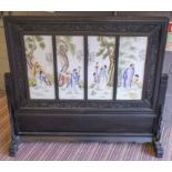 TABLE SCREEN, Chinese ebonised and porcelain, with figure decorated panels, 88cm H x 98cm x 28cm.