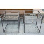 LAMP TABLES, a pair, metal with square glass shelves and upstand, 60cm H x 50cm W.