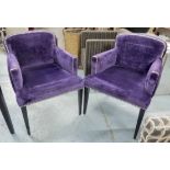 DINING CHAIRS, a set of four, with rounded backs in purple upholstery,