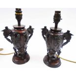 JAPANESE BRONZE TABLE LAMPS, a pair, adapted from late 19th century vases, integral stands,