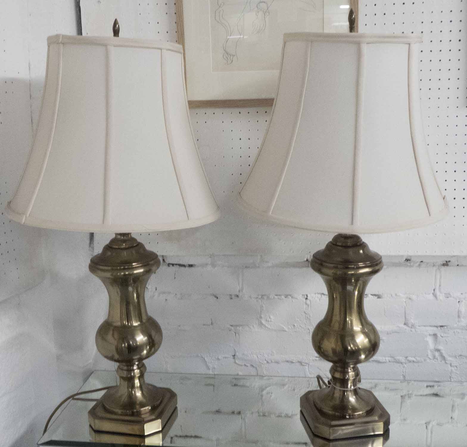 TABLE LAMPS, a pair, metal urn shapes, overall each 77cm H, including shades.