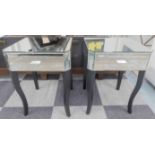 MIRRORED BEDSIDE TABLES, a pair, with single drawer on ebonised cabriole legs, 46cm square x 62cm H.