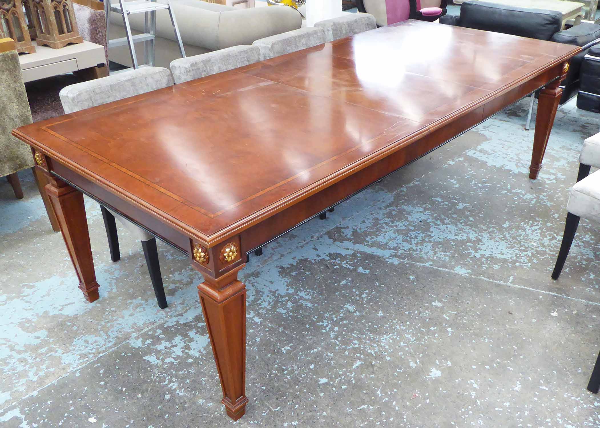 DINING TABLE, French Empire style, extendable with one leaf, 250cm L x 110cm D x 88cm H.