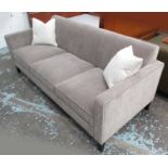 SOFA, three seater, brown faux velvet on square supports, 192cm L, with two scatter cushions.
