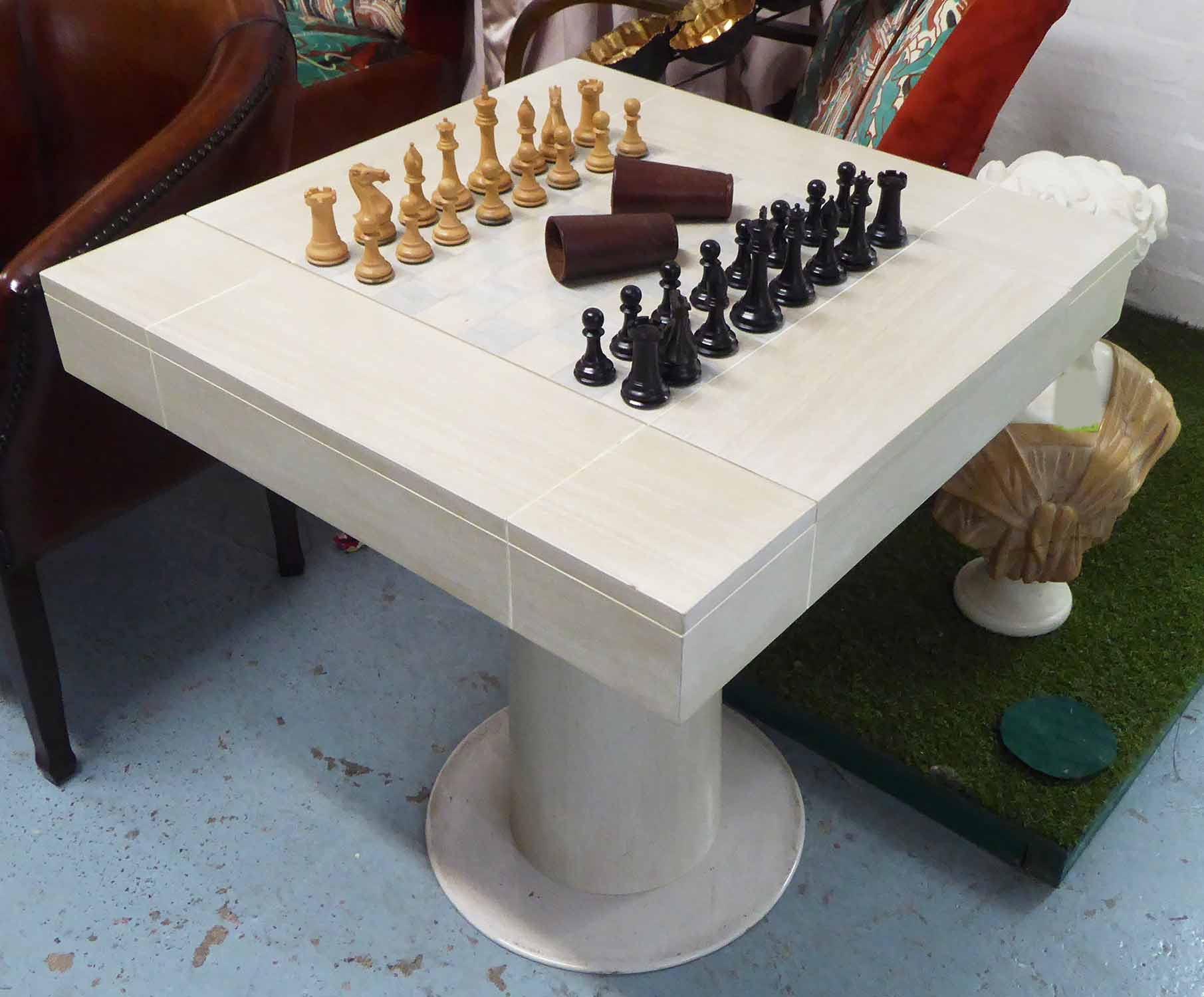 GAMES TABLE, with chess pieces and draughts in section below, on central supports,