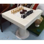 GAMES TABLE, with chess pieces and draughts in section below, on central supports,