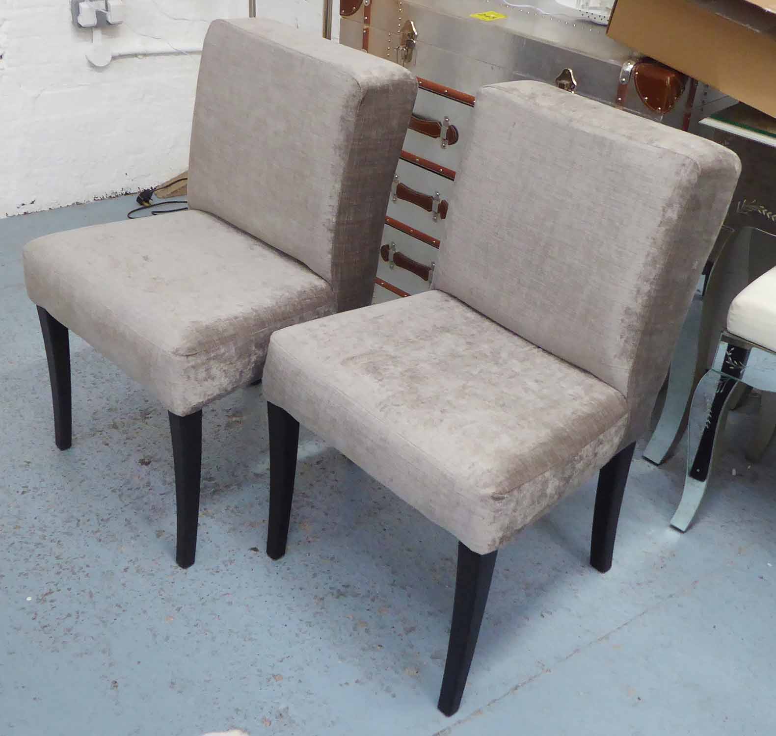 DINING CHAIRS, a set of eight, contemporary grey finish on ebonised supports, 82cm H.