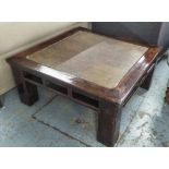 COFFEE TABLE, square, asian hardwood, woven top, 100cm W x 100cm D x 47cm H.