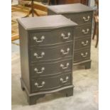 BEDSIDE CHESTS, a pair, Georgian style grey painted each with four serpentine drawers,