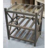 ETAGERE, grey stained, lattice framed with three shelves and glazed top, 61cm W x 45cm D x 72cm H.