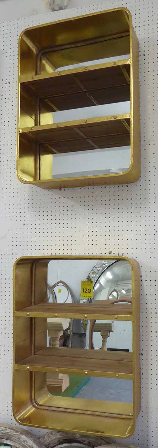 MIRRORED WALL NICHES, a pair, vintage inspired gilt finish, 67cm L x 50cm W x 20cm D.