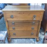 COMMODE, 19th century Continental satin walnut with four drawers and large brass ring handles,