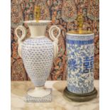 LAMPS, on a Chinese ceramic, blue and white brush jar,