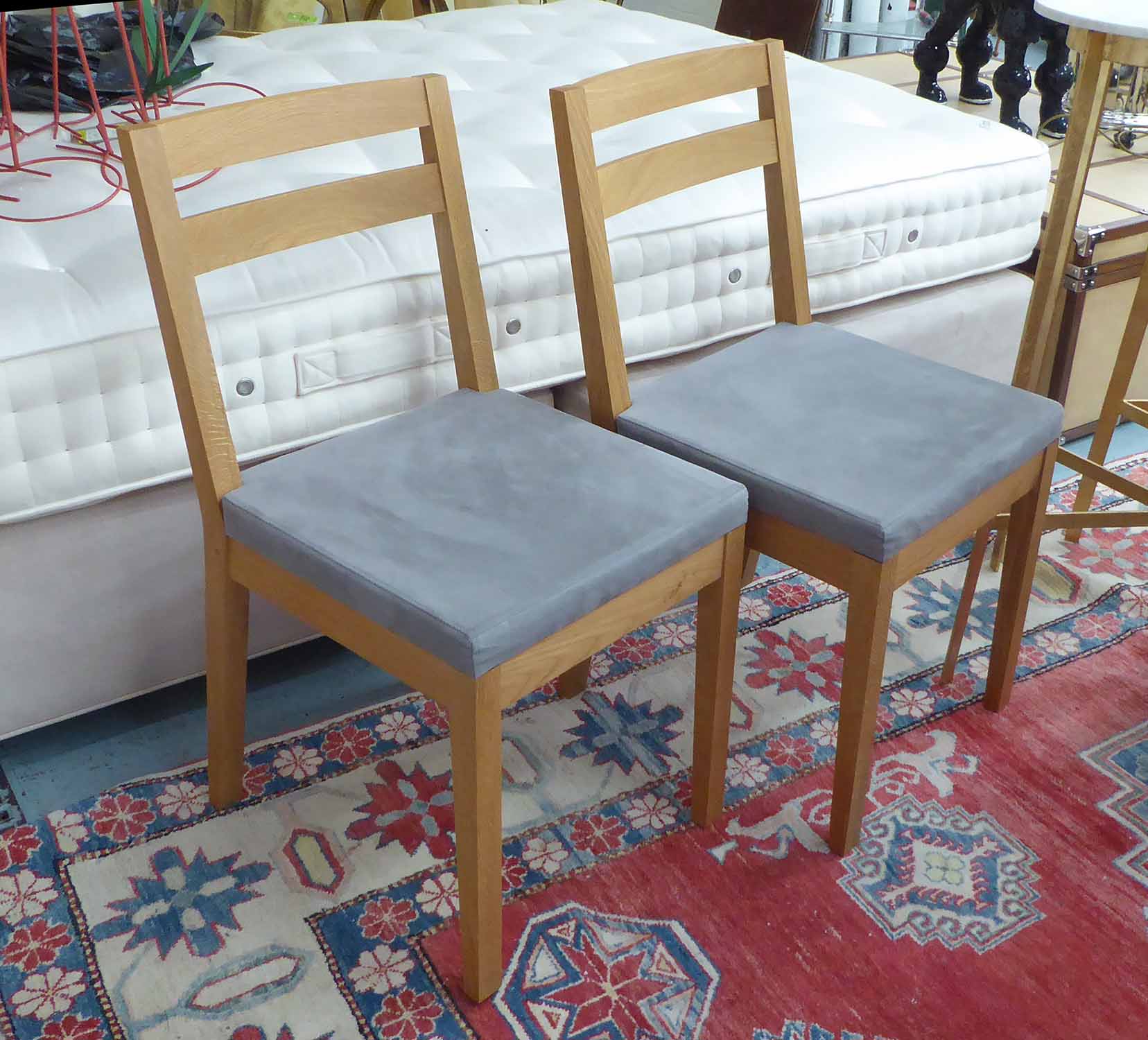 DE LE ESPADA DINING CHAIRS, a set of six, with faux grey suede seats, on square supports, 45cm W.