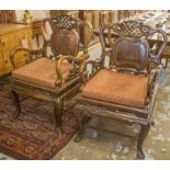 OPEN ARMCHAIRS, a pair, Chinese hardwood, each with script splat back, panel seat and squab cushion,