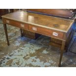 MILITARY STYLE WRITING TABLE, mahogany and brass bound with brown leather top above two drawers,