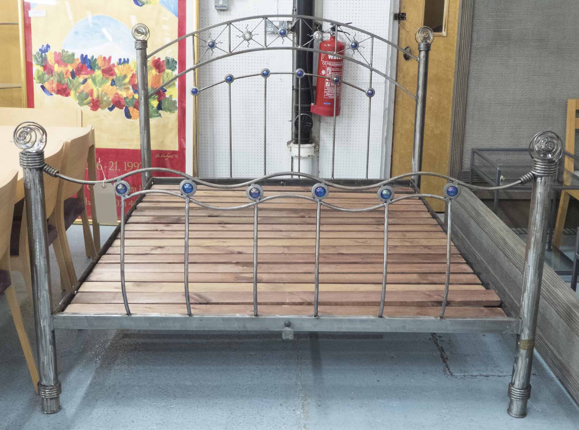 KINGSIZE DOUBLE BED FRAME, 5ft, in metal with glass inserts.