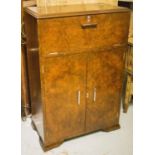 COCKTAIL CABINET, Art Deco burr walnut with rising lit fitted compartment, 105cm H x 70cm x 37cm.