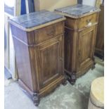 BEDSIDE CABINETS, a pair, French late 19th century walnut with marble tops,