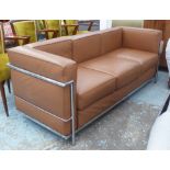 SOFA, after Corbusier tubular metal frame brown leather upholstery, 180cm x 70cm.