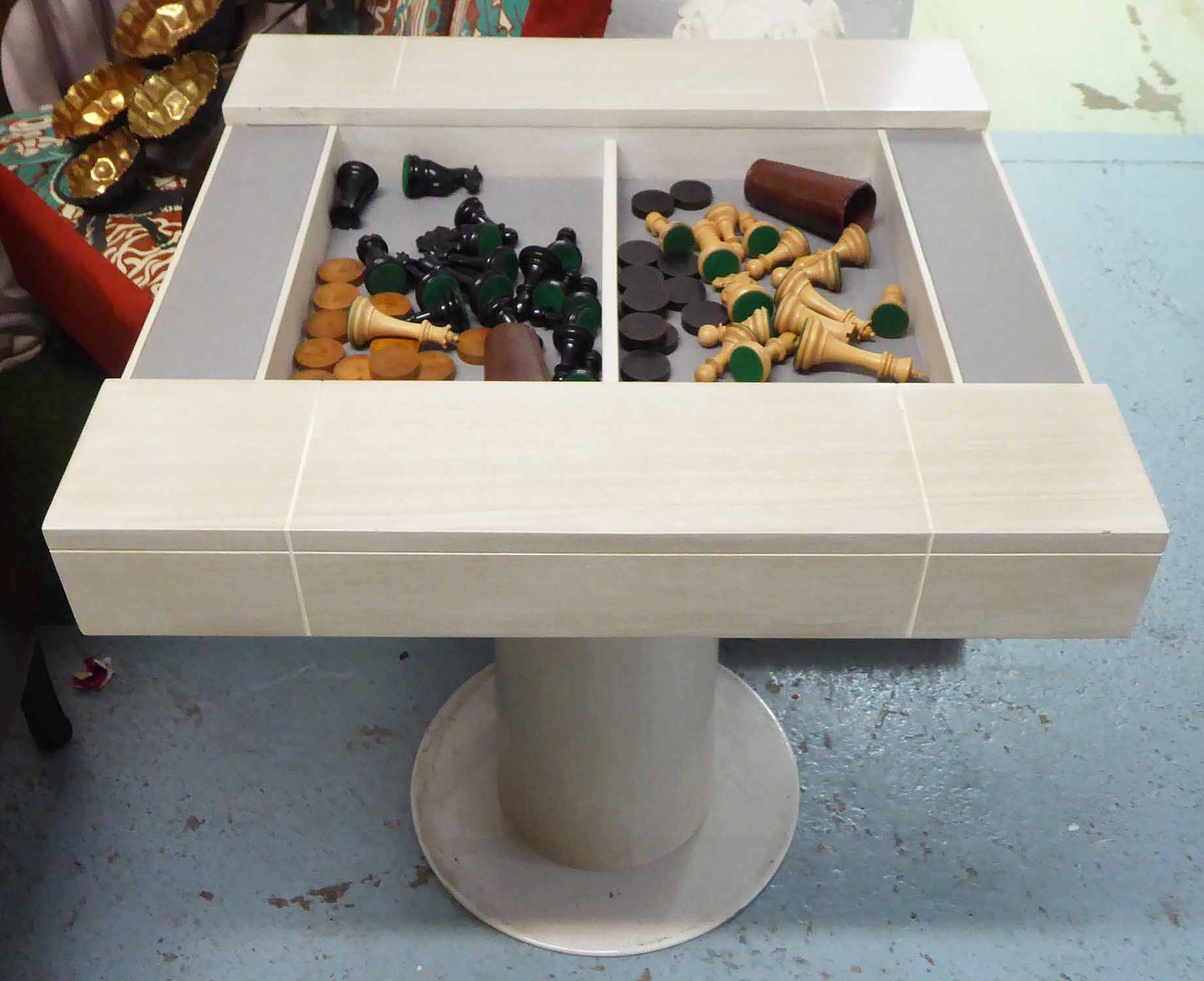 GAMES TABLE, with chess pieces and draughts in section below, on central supports, - Image 3 of 4