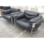 ARMCHAIRS, a pair, after Le Corbusier, black leather and chromium framed, 110cm W.