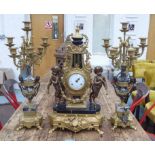 LOUIS XVI STYLE CLOCK GARNITURE, decorative gilt metal and marble clock, 60cm H.
