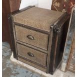 SIDE CHESTS, a pair, colonial inspired rattan, leather and brass bound each with two drawers,