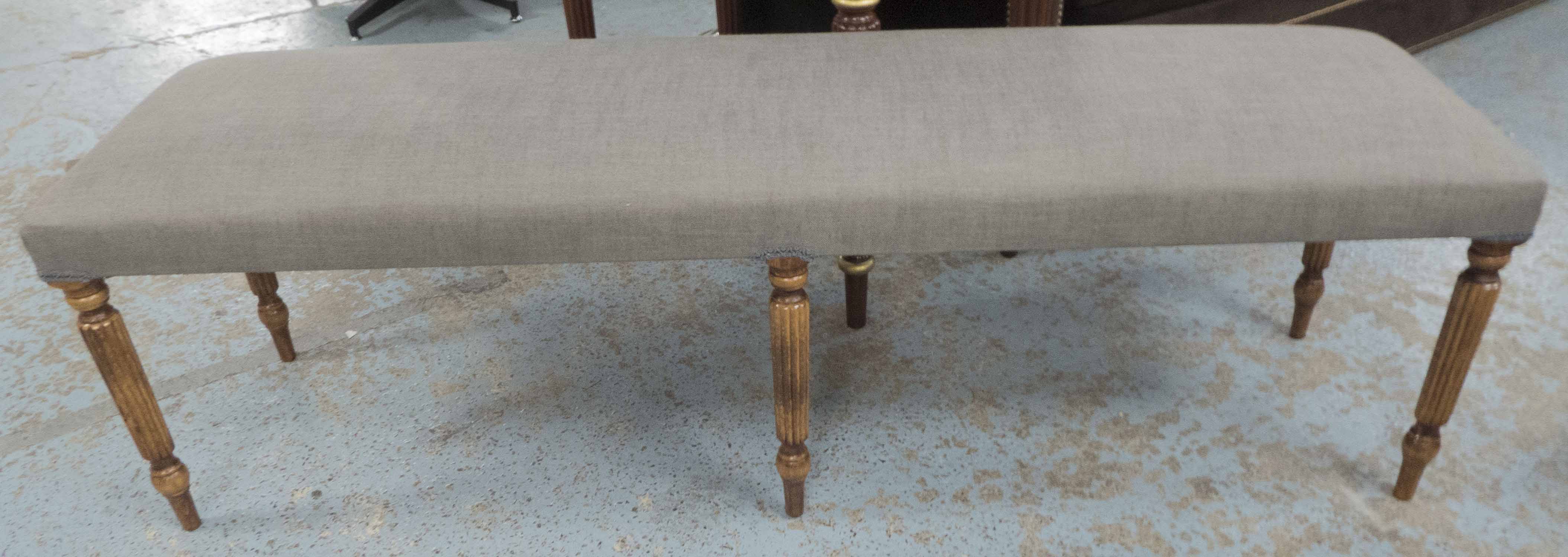 HALL BENCH, contemporary, on turned fluted supports, 140cm x 50cm x 40cm.