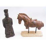 CHINESE TANG STYLE HORSE, 37cm x 34cm H max; and a diety figure, 39cm H both pottery.