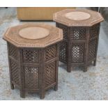 LAMP TABLES, a pair, octagonal Moorish carved hardwood and silver metal inlaid and tracery bases,