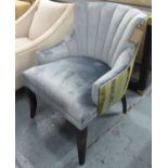 ARMCHAIR, in blue faux velvet on ebonised square supports, 70cm W.