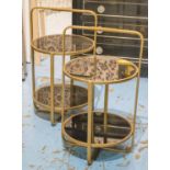 ETAGERES, a pair, gilt metal framed, two tier, each with a circular tempered glass top,
