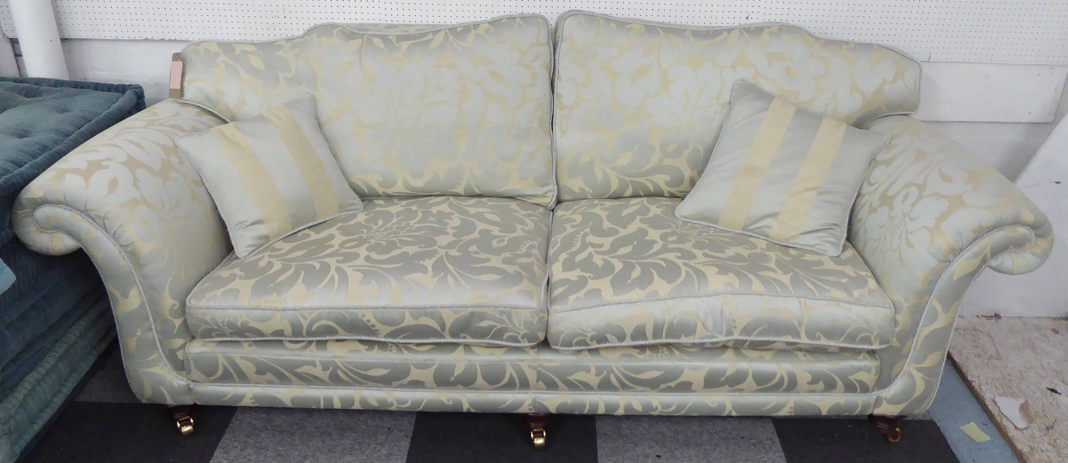 SOFA, in a light blue patterned fabric, 95cm D x 248cm W x 92cm H.