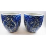 PAIR OF CHINESE CERAMIC PLANTERS, each decorated blue/white dragon designs in panels,
